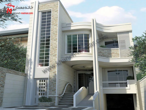 نقشه دو طبقه روی پارکینگ سه واحدی عرض 10 متر و نمای مدرن زیبا 6 نمای شمالی ساختمان دو طبقه روی پارکینگ عرض 10 متر