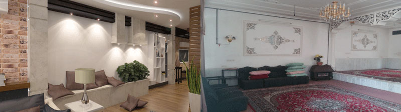 دکوراسیون قبل و بعد از بازسازی فضای نشیمن پروژه بازسازی خانه قدیمی  