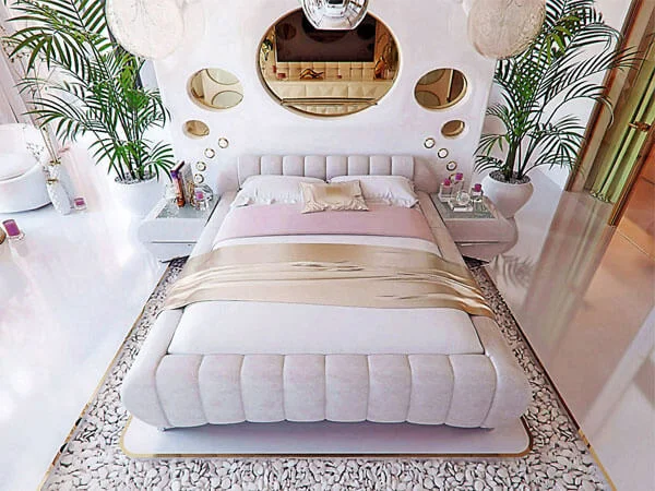 تختخواب با رنگ روشن با فرشی زیبا  تزئین دیوار اتاق خواب عروس