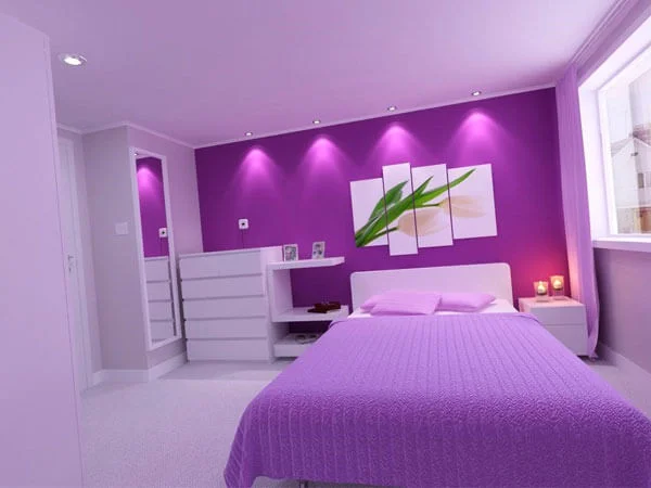 تختخواب یاسی با نور پردازی جهت اتاق خواب ایده هایی جهت تزیین اتاق خواب عروس با وسایل ساده
