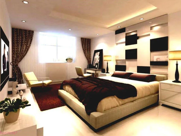 دیزاین اتاق خواب تلفیقی از رنگهای کرم و قهوه ای تزئین دیوار اتاق خواب عروس