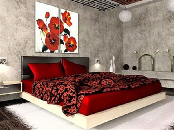 سرویس خواب عروس با رنگ قرمز طرح دار ایده هایی جهت تزیین اتاق خواب عروس با وسایل ساده