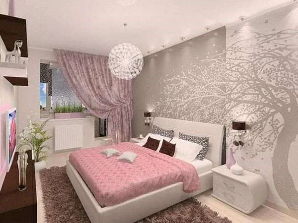  تزئین دیوار اتاق خواب عروس سرویس خواب با پرده و کاغذدیواری زیبا