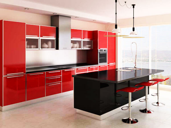 دکور آشپزخانه قرمز رنگ کابینت در سبک کلاسیک و مدرن
