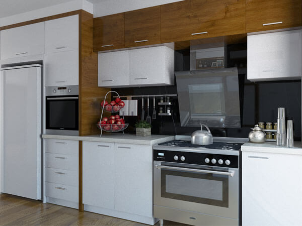 طراحی زیبا از دکور با ترکیب سفید و رنگ چوب طراحی آشپزخانه بر اساس استفاده از تمامی فضاها
