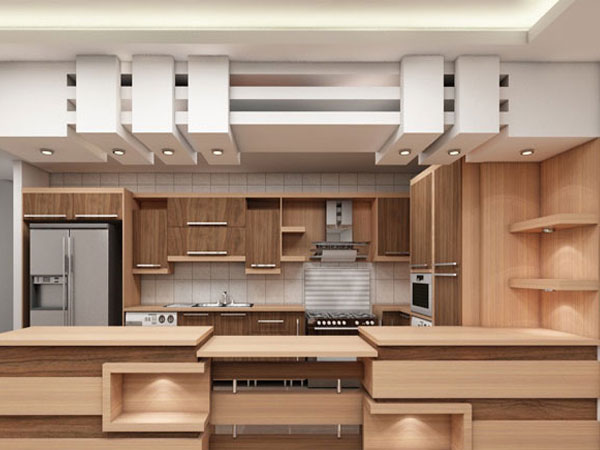 آشپزخانه با کناف سه بعدی و کابینت های رنگ چوب
