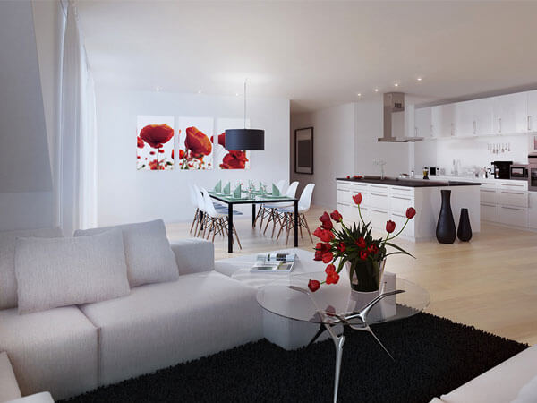 پذیرایی با رنگ سفید و ترکیب قرمز ترکیب رنگ سفید با سایر رنگ ها در دکوراسیون منزل