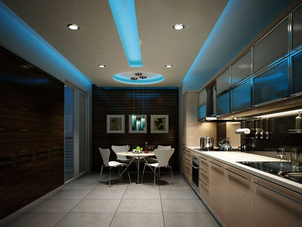 نورهای توکار آشپزخانه نورپردازی سایر بخش های آشپزخانه با نور آبی رنگ که بسیار زیبا میباشد.
