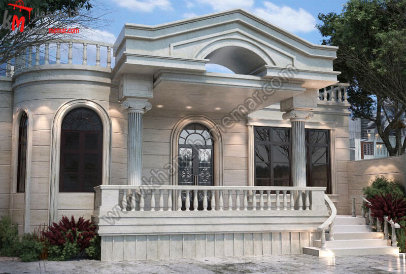 طاحی نما به سبک کلاسیک که ساختمان بالاتر از حیاط و در یک بهارخواب قرار دارد که این خانه دارای نمای سنگی می باشد .
