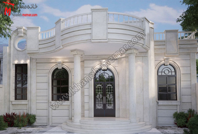 طراحی نمای زیبا به سبک نئوکلاسیک کار شده با سنگ سفید عباس آباد دارای بهار خواب و موقعیت دسترسی جنوبی است.
