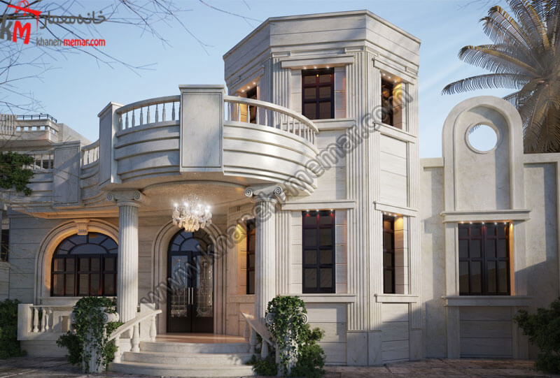 طراحی نمای ساختمان به سبک نئوکلاسیک که در جلوی ورودی یک لوستر زیبا قرار دارد نمای این خانه سنگی می باشد و بسیارشیک می باشد .