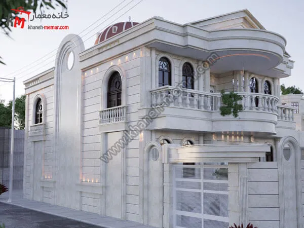 نقشه دوبلکس پنج خواب 160 متری عرض 10.22 با سه طرف نما 7 نمای بیرونی ساختمان دو طبقه سبک کلاسیک از سنگ