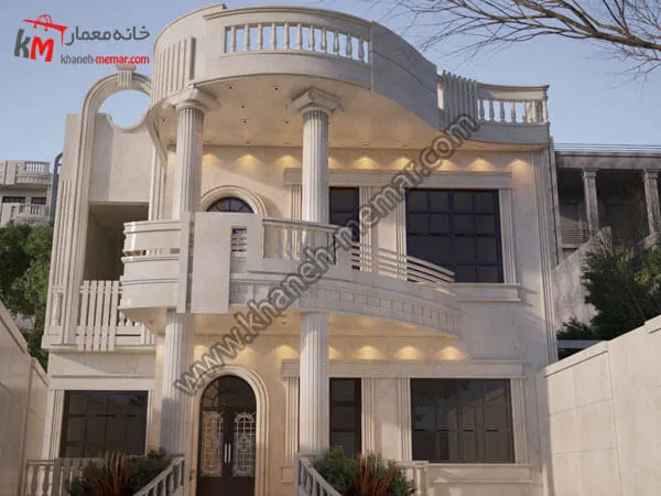 نقشه خانه دو طبقه دو نبش 185 متری با نمای نئوکلاسیک 6 نمای خانه دو طبقه نئوکلاسیک
