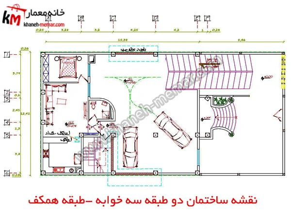 نقشه ساختمان دو طبقه سه خوابه طبقه همکف پروژه 681