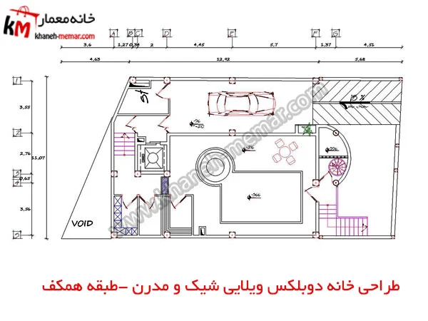 نقشه دوبلکس شمالی سه خواب 170 متری با عرض ۱۲ متر طرح هندی 6 طراحی خانه دوبلکس ویلایی شیک و مدرن طبقه همکف پروژه 736