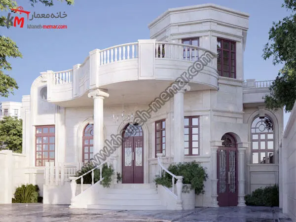 نقشه یک طبقه 4 خواب شمالی 230 متری عرض 12 با نمای نئوکلاسیک و تفکیک فضایی هوشمندانه 6 نمای شمالی ساختمان یک طبقه عرض 12 متر
