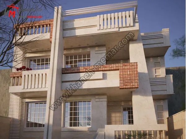 نمای آپارتمان دو طبقه بنایی با عرض ۱۰.۵۵ متر
