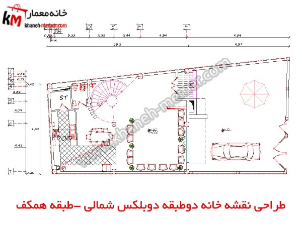 طراحی نقشه خانه دوطبقه دوبلکس شمالی طبقه همکف پروژه 907