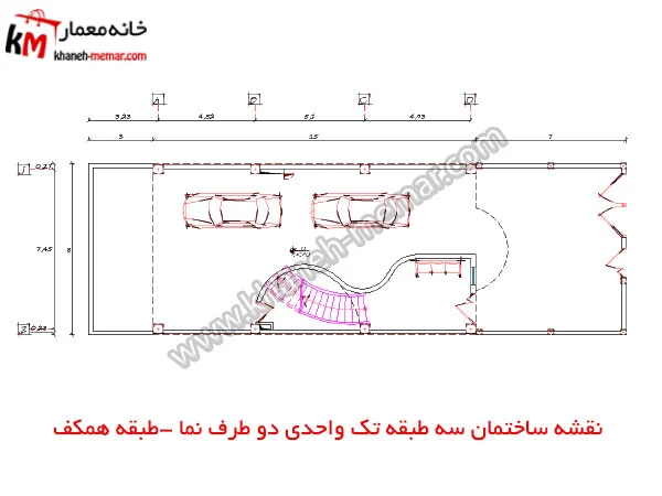 نقشه ساختمان سه طبقه تک واحدی دو طرف نما طبقه همکف پروژه 922