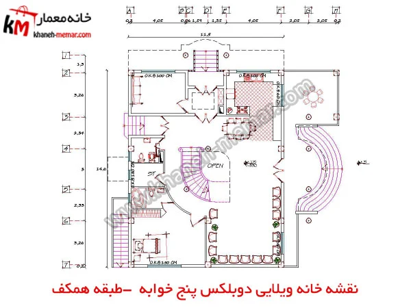 نقشه خانه ویلایی دوبلکس پنج خوابه دو طبقه اسکلت بتنی طبقه همکف پروژه 930