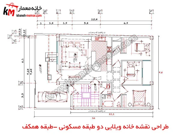 طراحی نقشه خانه ویلایی دو طبقه مسکونی طبقه همکف پروژه 955