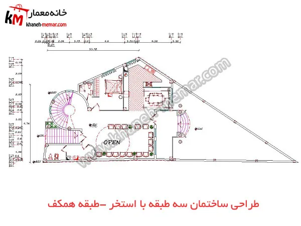 طراحی ساختمان سه طبقه با استخر و دو طرف دسترسی پروژه 1052