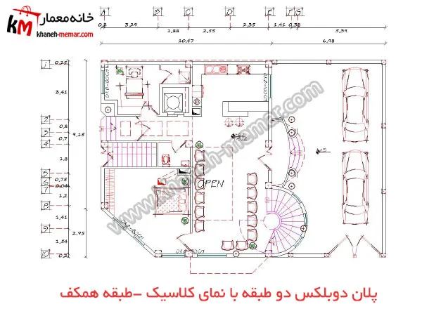 پلان طبقه همکف ساختمان دوبلکس دو طبقه با دو خواب و عرض 12.1