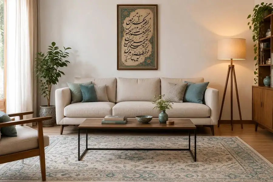 چیدمان آپارتمان کوچک ایرانی با مبل راحتی کرم، تابلو خطاطی سنتی ایرانی، فرش نقش‌دار و آباژور چوبی سه‌پایه