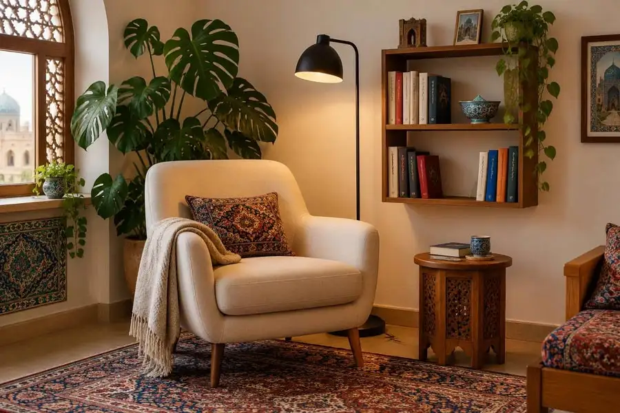 کنج مطالعه و نشیمن آپارتمان کوچک با مبل تک‌نفره کرم، پنجره ارسی مشبک، فرش سنتی، شلف دیواری چوبی و آباژور ایستاده مشکی 