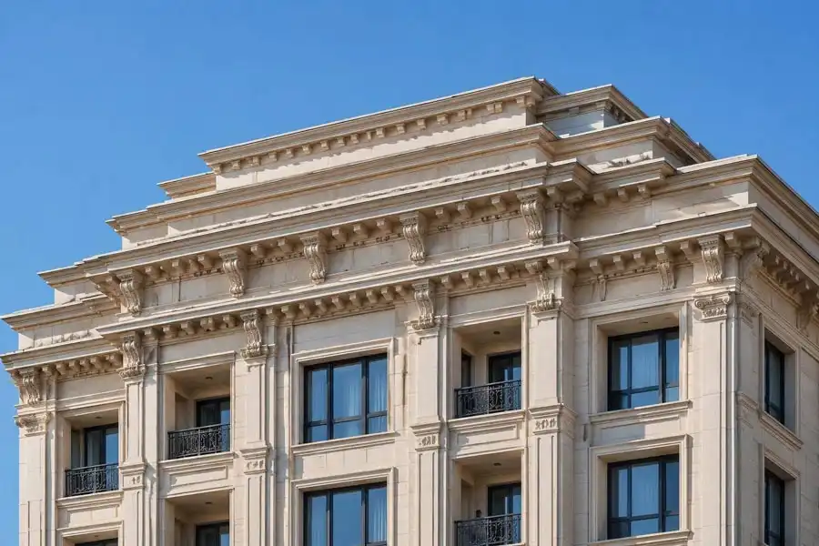 تاج نمای رومی چیست؟ راهنمای جامع انواع مدلها، دیتیل مهار سازهای و ضوابط طراحی 6 تاج نمای رومی چندطبقه و پلکانی در بنای آپارتمانی با سنگ تراورتن کرم
