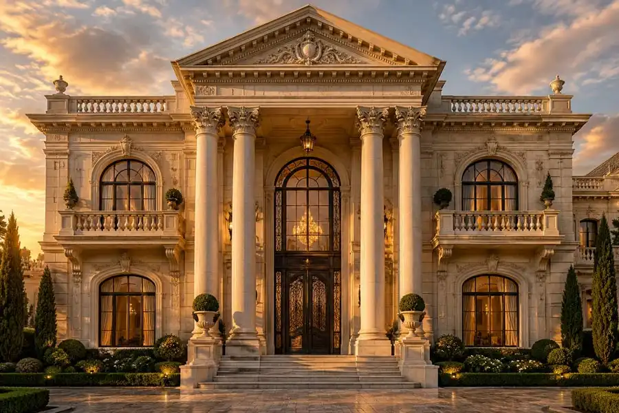 طراحی و جزئیات اجرایی تاج نمای رومی در عمارتهای لوکس تاج نمای رومی سنگی با سنتوری مثلثی پرکار و کتیبههای منبتکاری کلاسیک