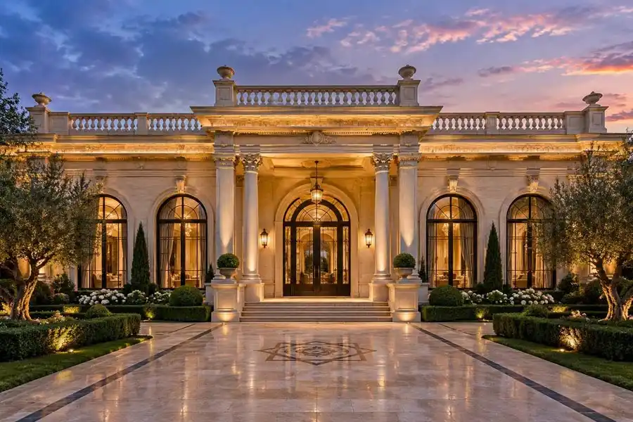 نما رومی یک طبقه؛ راهنمای طراحی، تناسبات طلایی + نکات مهم اجرایی 4 نورپردازی نمای رومی یکطبقه با پورتیکوی ستوندار و بالشتکهای نور از پایین