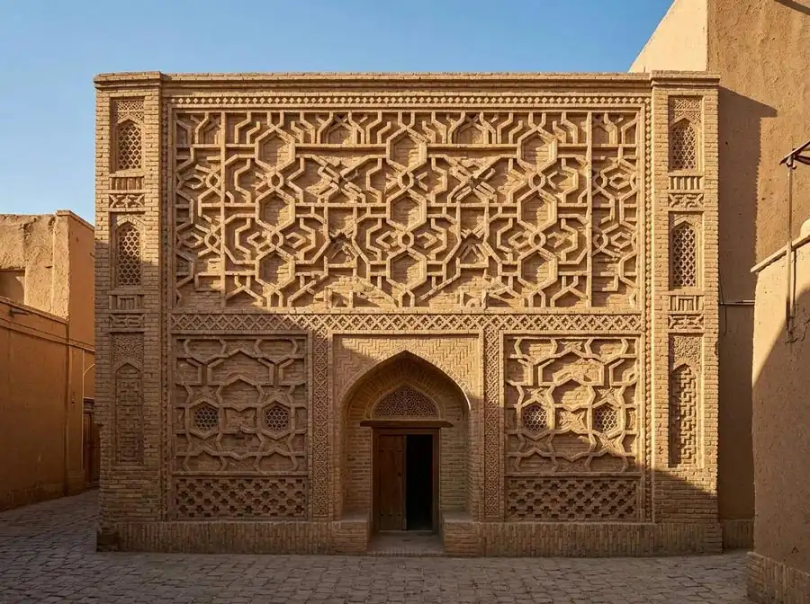 انواع الگوهای آجرچینی در معماری؛ معرفی 22 پترن سنتی ایرانی و مدرن 4 نمای آجرچینی سنتی با الگوی هشت و گیر برجسته و گرههای هندسی سهبعدی ایرانی
