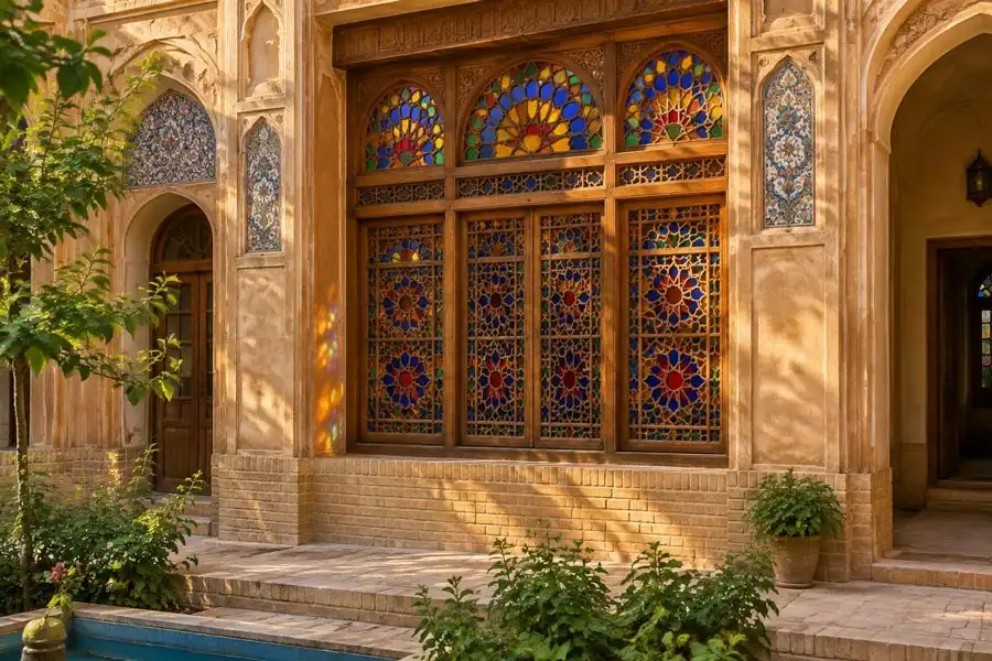 پنجره ارسی چیست؟ از شاهنشین سنتی تا کاربرد ارسی مدرن دوجداره در طراحی ویلا و نما 1 پنجره ارسی چوبی با شیشههای رنگی در نمای خانهای سنتی ایرانی