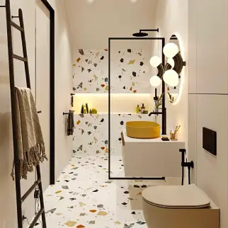 6 ایده هوشمندانه برای استفاده بهینه از فضای کوچک سرویس بهداشتی 2 استفاده از رنگهای روشن برای کف و دیوارها در سرویس بهداشتی