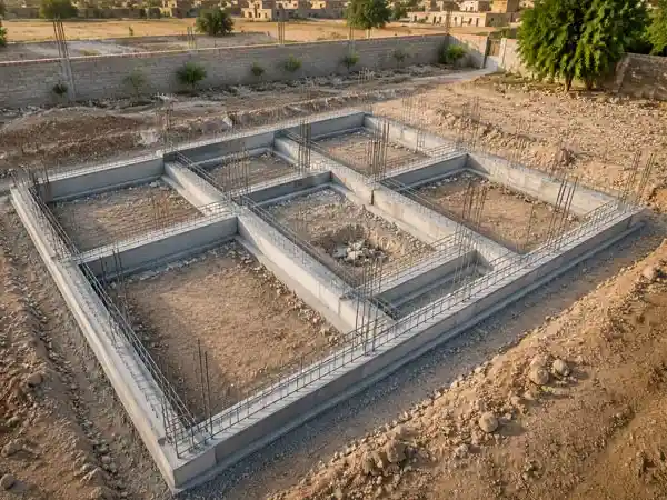 نقشه سازه بنایی چیست؟ راهنمای طراحی، اجزا و ضوابط ساختمان بنایی 2 پلان فونداسیون سازه بنایی با پی نواری، شناژ بتنی و آرماتورهای انتظار کلاف قائم