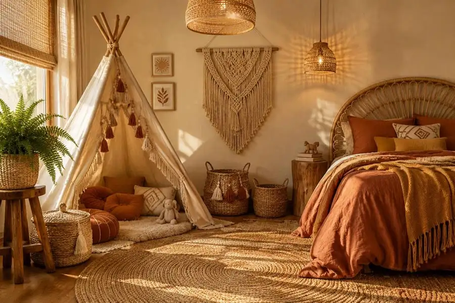 دکوراسیون اتاق کودک به سبک بوهو با خیمه تیپی بازی پارچه‌ای، تخت حصیری رتان و دیوارکوب مکرومه 
