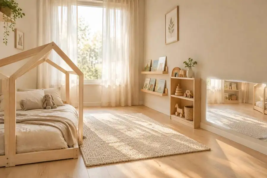 طراحی اتاق کودک سبک مونته سوری با تخت کلبه‌ای چوبی همسطح زمین، قفسه کتاب رو به دید کودک و آینه قدی افقی 
